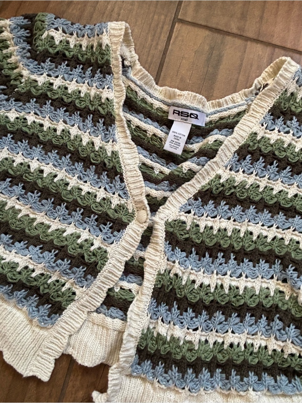 RSQ Crochet Open Knit Cropped Cardigan Sweater Blue Green Brown Size Small
